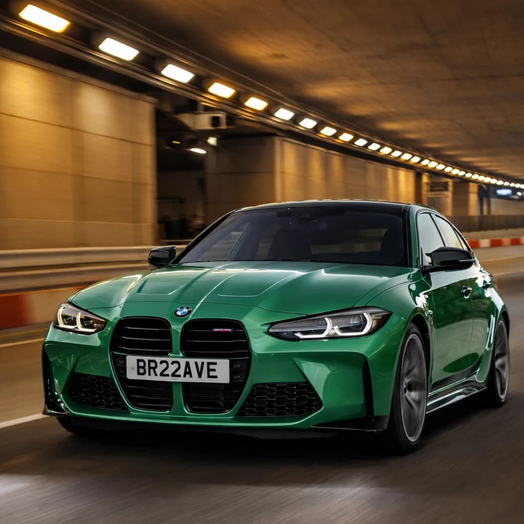 Photo of an Isle of Man Green BMW M3 Competition Touring model showing the private number plate BR22 AVE, which reads as Brave and is currently available for sale for £15,650.