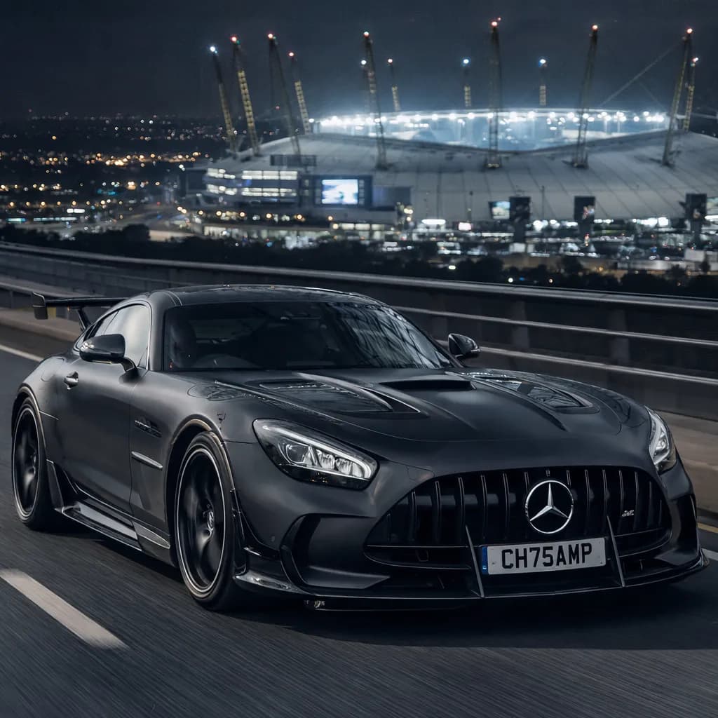 Photo of a wrapped matte black Mercedes-AMG GT showing the private number plate CH75 AMP, which reads as Champ and is currently available for sale for £8,250.