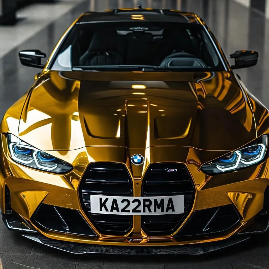 Photo of a metallic gold wrapped BMW M3 Competition showing the private number plate KA22 RMA, which reads as Karma and is currently available for sale for £12,450.