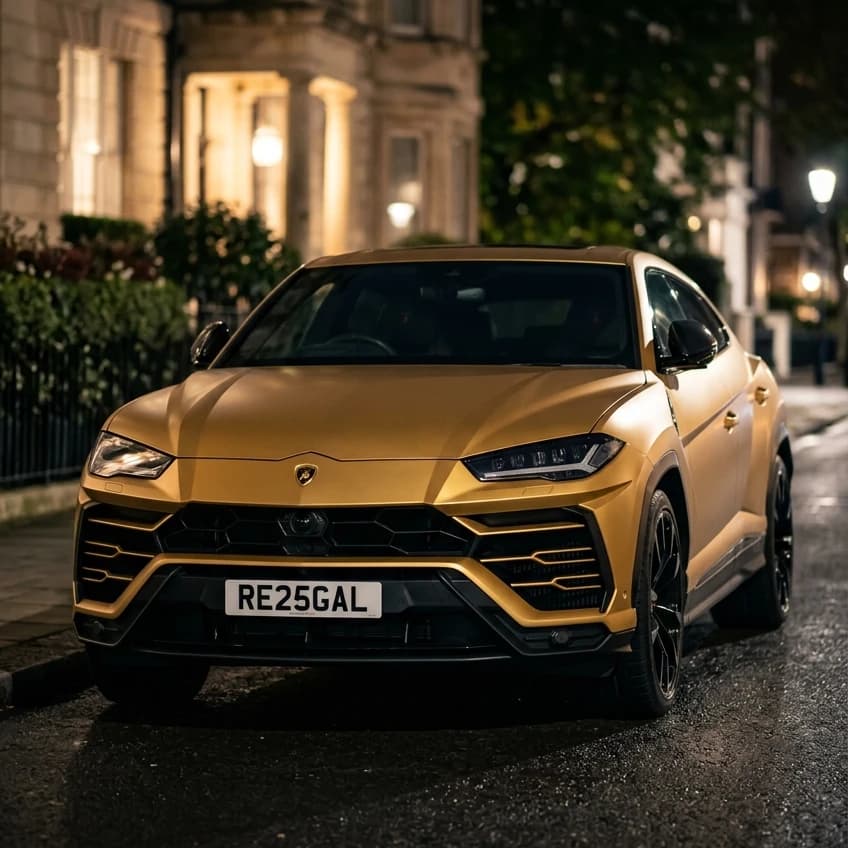 Photo of a wrapped matte gold Lamborghini Urus showing the private number plate RE25 GAL, which reads as Regal and is currently available for sale for £13,450.