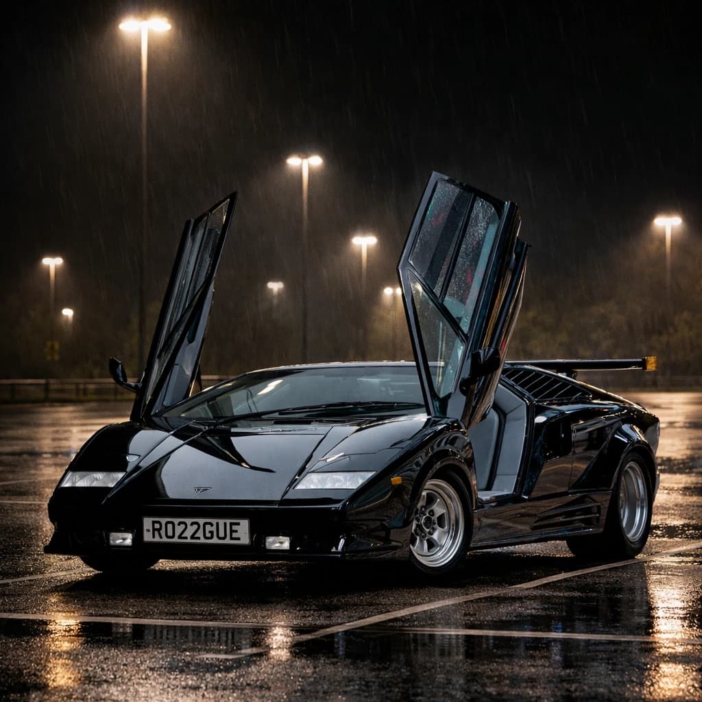 Photo of a glossy black Lamborghini Countach classic 1980s supercar showing the private number plate RO22 GUE, which reads as Rogue and is currently available for sale for £13,850.